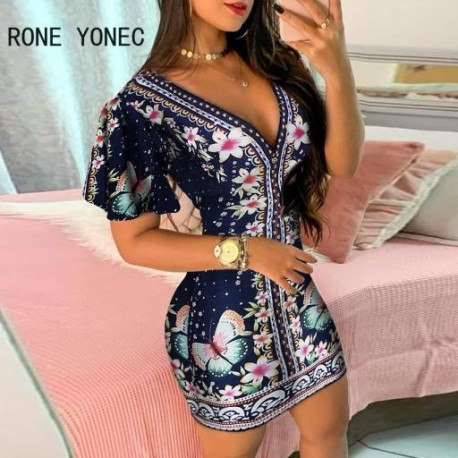 Szín: kék L - Elegáns női ruha virágos pillangómintás fodros Bodycon ruha alkalmi mini ruha vakációs ruha 2021-re