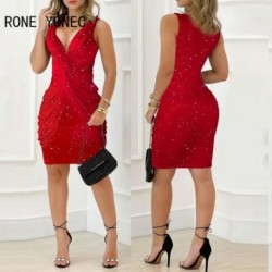 Szín: piros M - Női Twist Design Merülő nyakú, csillogó Bodycon buliruha