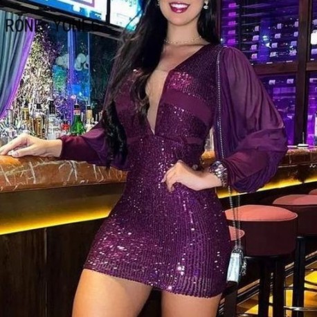 Szín: lila M - Női elegáns, tömör flitterek szexi mély V nyakú, hosszú lámpás ujjú patchwork mini Bodycon partiruhák