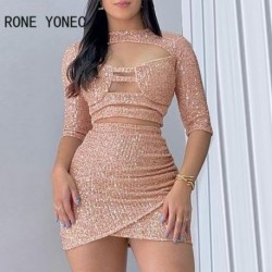 Szín: Pink XL - Elegáns, tömör, félhosszú ujjú női, vájt flitterek, rövid felsők és alsó Bodycon mini szexi szoknya