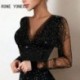 Szín: fekete M - Női Elegáns Elegáns Hálós Patchwork Mély V nyakú, Hosszú ujjú Csillogó Mini Party Szexi Bodycon