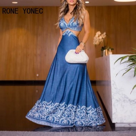 Szín: kék M - Női Elegáns Szexi V nyakú spagettipántok Midriff Maxi Tribal Ethos stílusú szexi ruhák