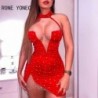 Szín: piros M - Női szexi patchwork kötőfék strasszos hát nélküli mély V nyakú hálós Bodycon mini szexi piros ruhák