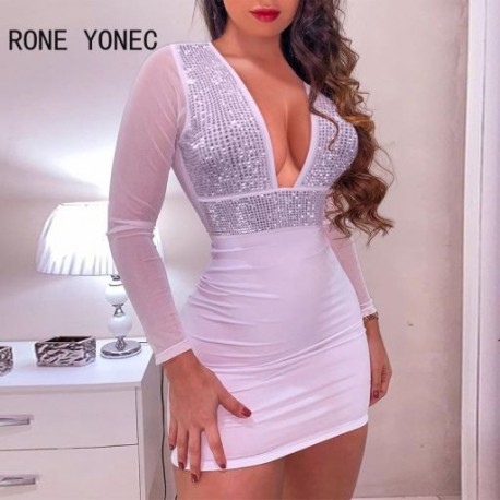 Szín: fehér XL - Női tömör szexi mély V nyakú strasszos hosszú ujjú hálós patchwork Bodycon mini szexi parti fehér