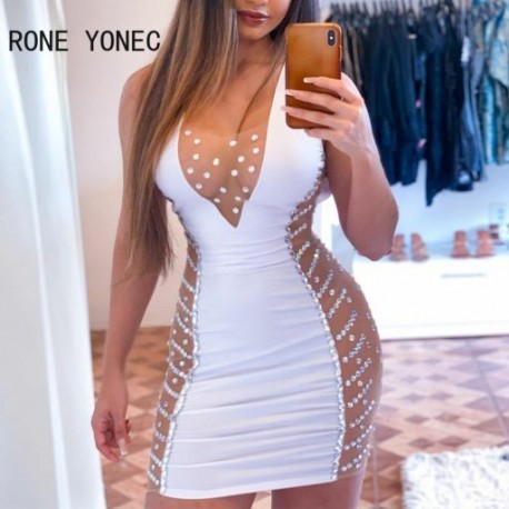 Szín: fehér S - Női szexi patchwork tank strasszos hát nélküli mély V nyakú hálós Bodycon mini szexi fehér ruhák