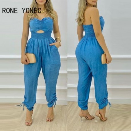 Szín: kék L - Női Bandeau Cutout Shirred Pocket Design Jumpsuit Női alkalmi jumpsuit