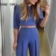 Szín: Lila XL - Női tömör, elegáns fél ujjú Crop Top hosszú, egyenes nadrág alkalmi munkanadrág szettek
