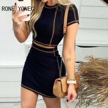 Szín: fekete XL - Női alkalmi elegáns, kerek nyakú, rövid ujjú, világos vonalú dekorációs Bodycon szoknya szettek