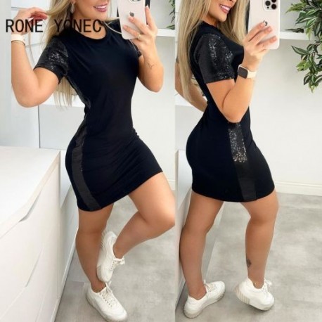 Szín: fekete S - Női Elegáns Elegáns Rövid ujjú flitterek Patchwork Mini Szexi Alkalmi Bodycon Fekete ruhák