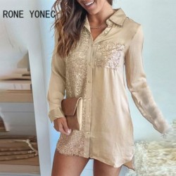 Szín: Khaki M - Női tömör szexi sifon patchwork flitterek zsebes hosszú ujjú blúz felsők