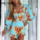 Szín: égszínkék M - Női alkalmi, mély V nyakú, hosszú lámpás ujjatlan nyomat virágmintás Bodycon szexi nadrággal