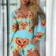 Szín: égszínkék M - Női alkalmi, mély V nyakú, hosszú lámpás ujjatlan nyomat virágmintás Bodycon szexi nadrággal