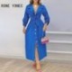 Szín: kék L - Női elegáns divatos, tömör gombos, lehajtható gallérú masni Bodycon Maxi farmer ruhák
