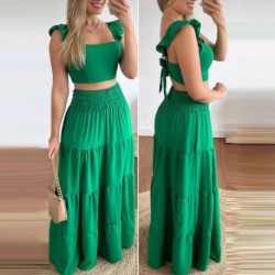 Szín: zöld M - 2023 Női elegáns, tömör, repülő ujjú Crop Top maxi szoknya elasztikus derékrésben, többszintes