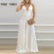 Szín: fehér XL - 2023, női, elegáns, tömör, mély V nyakú spagettipántos, redőzött, széles lábú, szexi jumpsuit