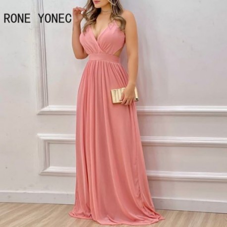 Szín: Pink XL - Elegáns, tömör, szexi spagettipántos női, fűzős Midriff Maxi szexi A-vonalú partiruhák
