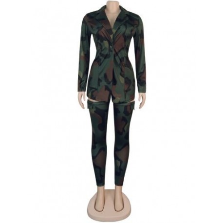 Szín: Camouflage XXL - Leopard Camo nyomtatott Vintage 2 részes ruházat női hosszú ujjú blézer felső hosszú zokni