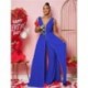 Szín: kék XL - Luxus divatos formális nadrágos női jumpsuit Mély V nyakú, ujjatlan, széles lábú, vintage derék
