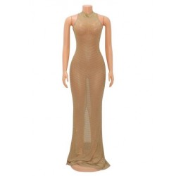 Szín: arany XL - Csillogó kristály strassz Bodycon Maxi ruha Női Esküvői Esküvői Hátsó hálós Átlátszó Night Party