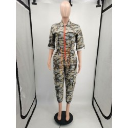 Szín: Light Camouflage S - Terepszínű mintás Sport nadrág Női Jumpsuit alkalmi lehajtható gallérral fél ujjú overál