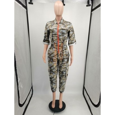 Szín: Light Camouflage S - Terepszínű mintás Sport nadrág Női Jumpsuit alkalmi lehajtható gallérral fél ujjú overál