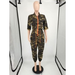 Szín: Sötét Camouflage S - Terepszínű mintás Sport nadrág Női Jumpsuit alkalmi lehajtható gallérral fél ujjú overál