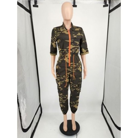 Szín: Sötét Camouflage S - Terepszínű mintás Sport nadrág Női Jumpsuit alkalmi lehajtható gallérral fél ujjú overál