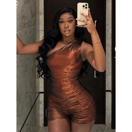 Szín: kávé L - Egy váll Rúdozott alsónadrág Női Body Szexi Ujjatlan Hát nélküli Party Clubwear Overall Midnight Party
