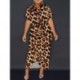 Szín: Leopard XXL - Nyári őszi női esztétikus mintás ingruhák lehajtható gallérral rövid ujjú, drapériás ruha