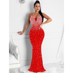 Szín: piros L - Csábító, csillogó strasszos, Tropmet ruha, női szexi spagetti pánt, nagy, háttámla nélküli Vestidos,