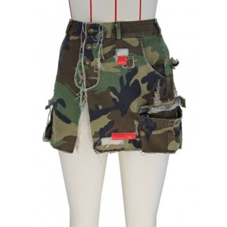 Szín: Camouflage XXL - Utcai ruházat terepszínű varrás Bodycon szoknya női rugalmas magas derékú ferde zsebek szoknya