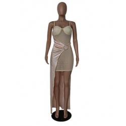 Szín: sárgabarack XL - Gyönyörű hálós strasszos hercegnő ruha női spagettipántos hát nélküli csípőruhák nyári