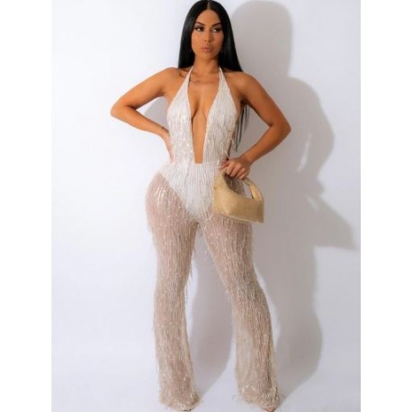 Szín: fehér XL - Átlátszó hálós flitteres bojt Hírességek buli, kötőfék, nyak, hát nélküli egyrészes overall,