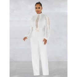 Szín: fehér XXL övvel - Elegáns divatos női formális munkavégzős üzleti kombó, klasszikus műnyakú hosszú, lámpás