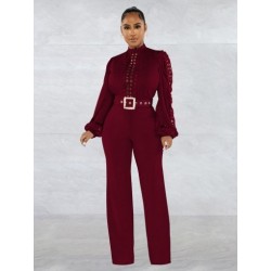 Szín: bordó övvel XXL - Elegáns divatos női formális munkavégzős üzleti kombó, klasszikus műnyakú hosszú, lámpás