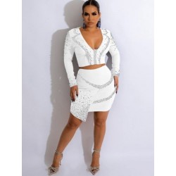 Szín: fehér L - Csillogó strasszos, kétrészes, női öltönyök, V-nyakú, hosszú ujjú Crop felsők és elasztikus