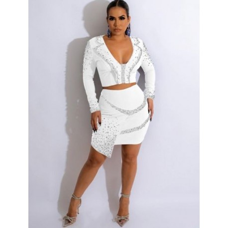 Szín: fehér L - Csillogó strasszos, kétrészes, női öltönyök, V-nyakú, hosszú ujjú Crop felsők és elasztikus