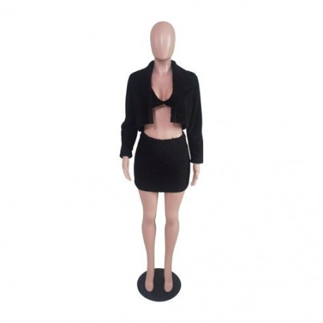 Szín: fekete Y1211 L - Őszi téli plüss 3 részes összeillő szettek Szexi dekoltázs melltartó felsők   hosszú ujjú