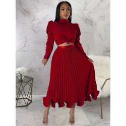 Szín: piros XXL - Elegáns, divatos, kétrészes szoknyakészletek női, nyakú, pufi hosszú ujjú ing felső és magas