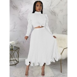Szín: fehér XXL - Elegáns, divatos, kétrészes szoknyakészletek női, nyakú, pufi hosszú ujjú ing felső és magas