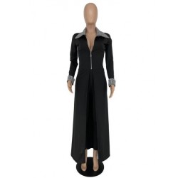 Szín: fekete XL - Klasszikus 2 részes tréningruhák Női Fesztivál Ruhák Kockás Gallér hosszú ujjú Extra hosszú felső