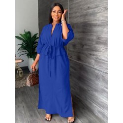 Szín: kék XL - Női irodai húzózsinóros magas derekú ruha, elegáns, fél ujjú, kétoldalas, egyenes maxi köntös fekete