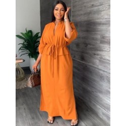 Szín: narancssárga XL - Női irodai húzózsinóros magas derekú ruha, elegáns, fél ujjú, kétoldalas, egyenes maxi