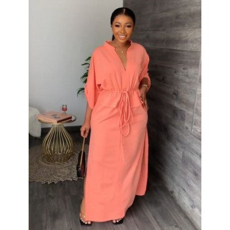 Szín: Pink XL - Női irodai húzózsinóros magas derekú ruha Elegáns, fél ujjú, kétoldalas, egyenes maxi köntös fekete