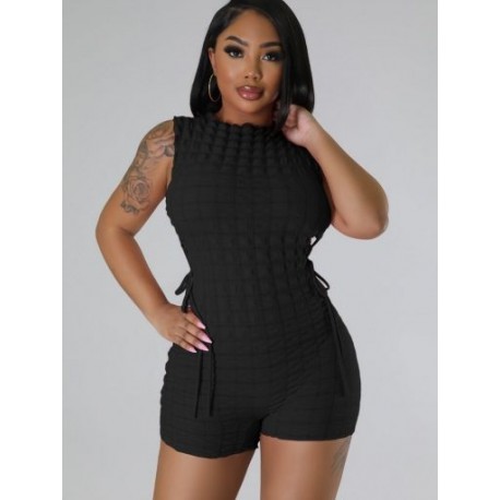 Szín: fekete XXL - Lenyűgöző masszív ruched Rompers Női játszóruhák Y2K Crewneck ujjatlan oldalsó fűzős, üreges,