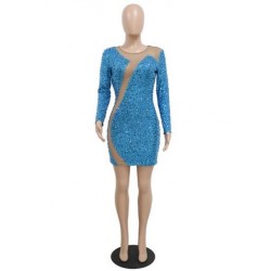 Szín: kék XL - Lenyűgöző női hálós patchwork Bodycon flitteres ruha Szexi kerek nyakú, hosszú ujjú átlátszó esti