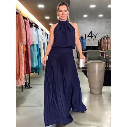 Szín: kék L - Vintage, magas derekú, redőzött, földig érő ruha, női retro váll nélküli, hát nélküli ruhák