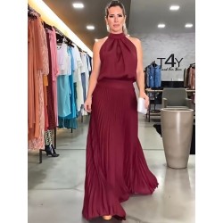 Szín: piros L - Vintage, magas derekú, redőzött, földig érő ruha, női retro váll nélküli, hát nélküli ruhák