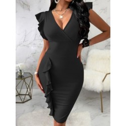 Szín: fekete XXL - Irodai női lépcsőzetes fodros ujjú ruha V-nyakú, magas derékú, térdig érő Vetement Femme báli