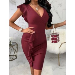 Szín: bordó XXL - Irodai női lépcsőzetes fodros ujjú ruha V-nyakú, magas derékú, térdig érő Vetement Femme báli